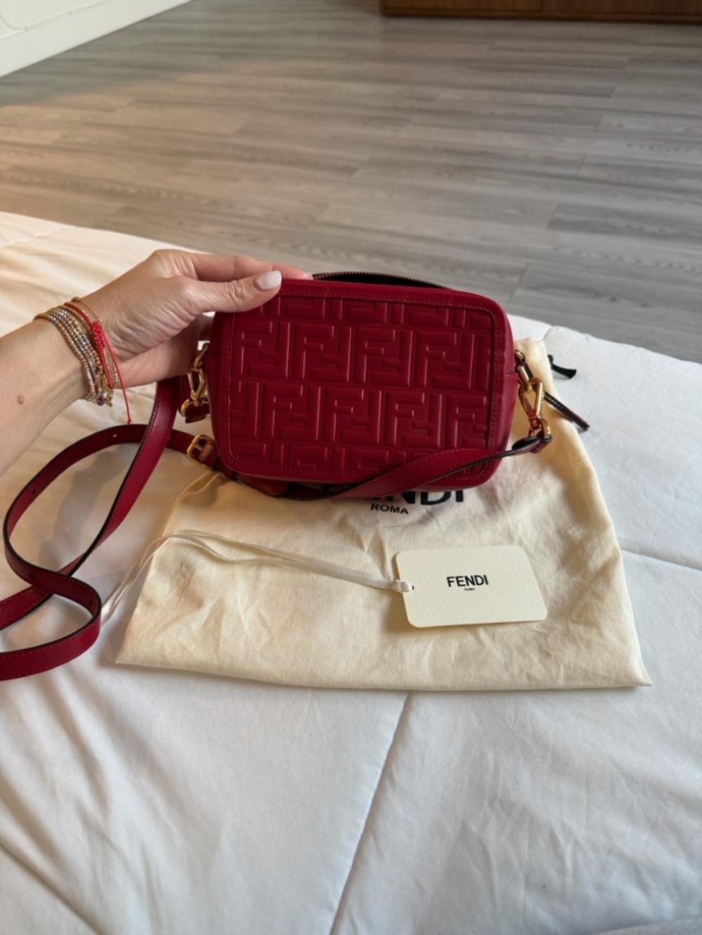 Fendi Red Embossed FF Leather Crossbody Camera Bag